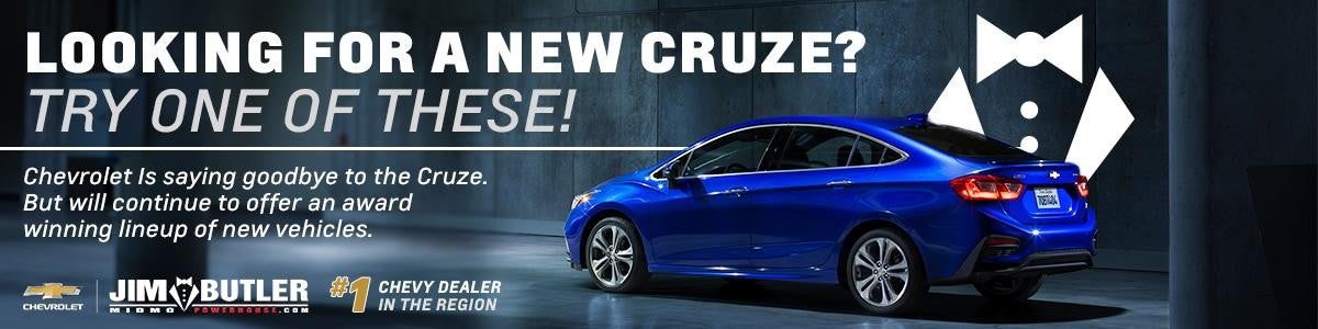 Blue Chevy Cruze with bold ad text promoting vehicle alternatives at Jim Butler Chevrolet.