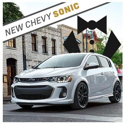 New White Chevy Sonic with tuxedo graphic background